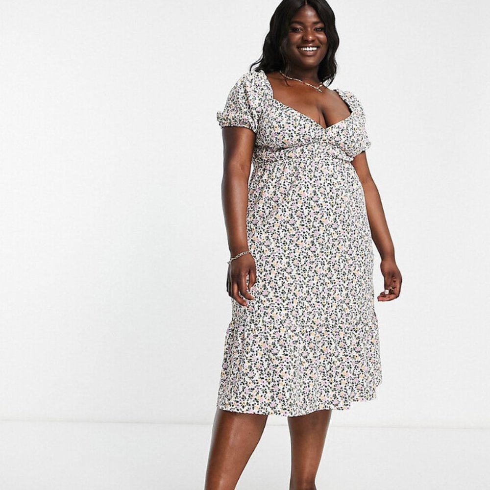 ASOS DESIGN Curve textured wrap midi dress in white ditsy floral